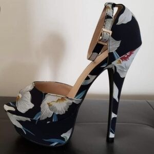 Dark Navy Blue Floral Platform Heels Sz 8